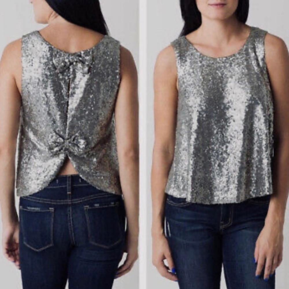 BKE Boutique Bow Back Sequin Tank Top Women's XS Silver Party Event Boho Retro